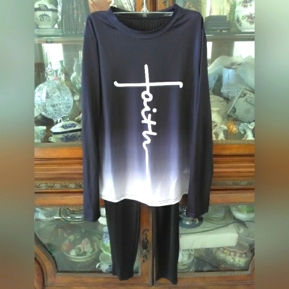 BNWOT 2 PC. LADIES PANT SET *FAITH* BLACK /WHITE  SUPER COMFY BOUTIQUE STYLE